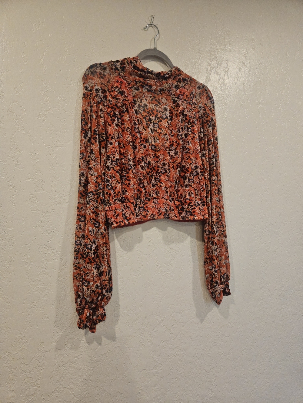 Free People All Dolled Up Top Womens M Combo Floral Mock Neck Blouse Crop Boho.